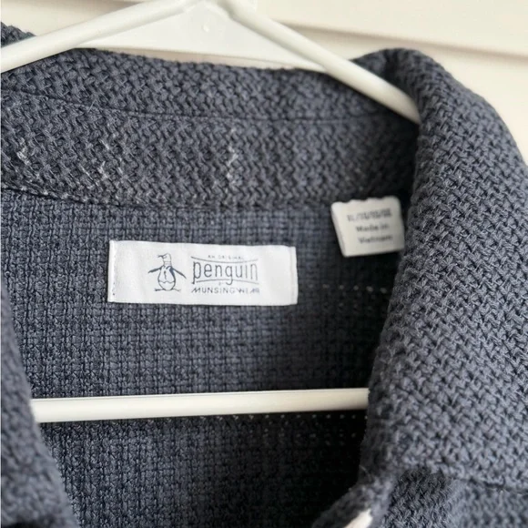 Men Original Penguin Navy Button-Down Waffle Short Sleeve Shirt with White Trim - Picture 2 of 7